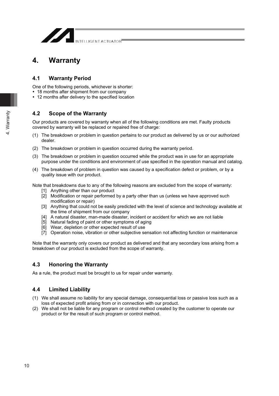 Warranty, 1 warranty period, 2 scope of the warranty | 3 honoring the warranty, 4 limited liability | IAI America IA-T-XD User Manual | Page 18 / 150