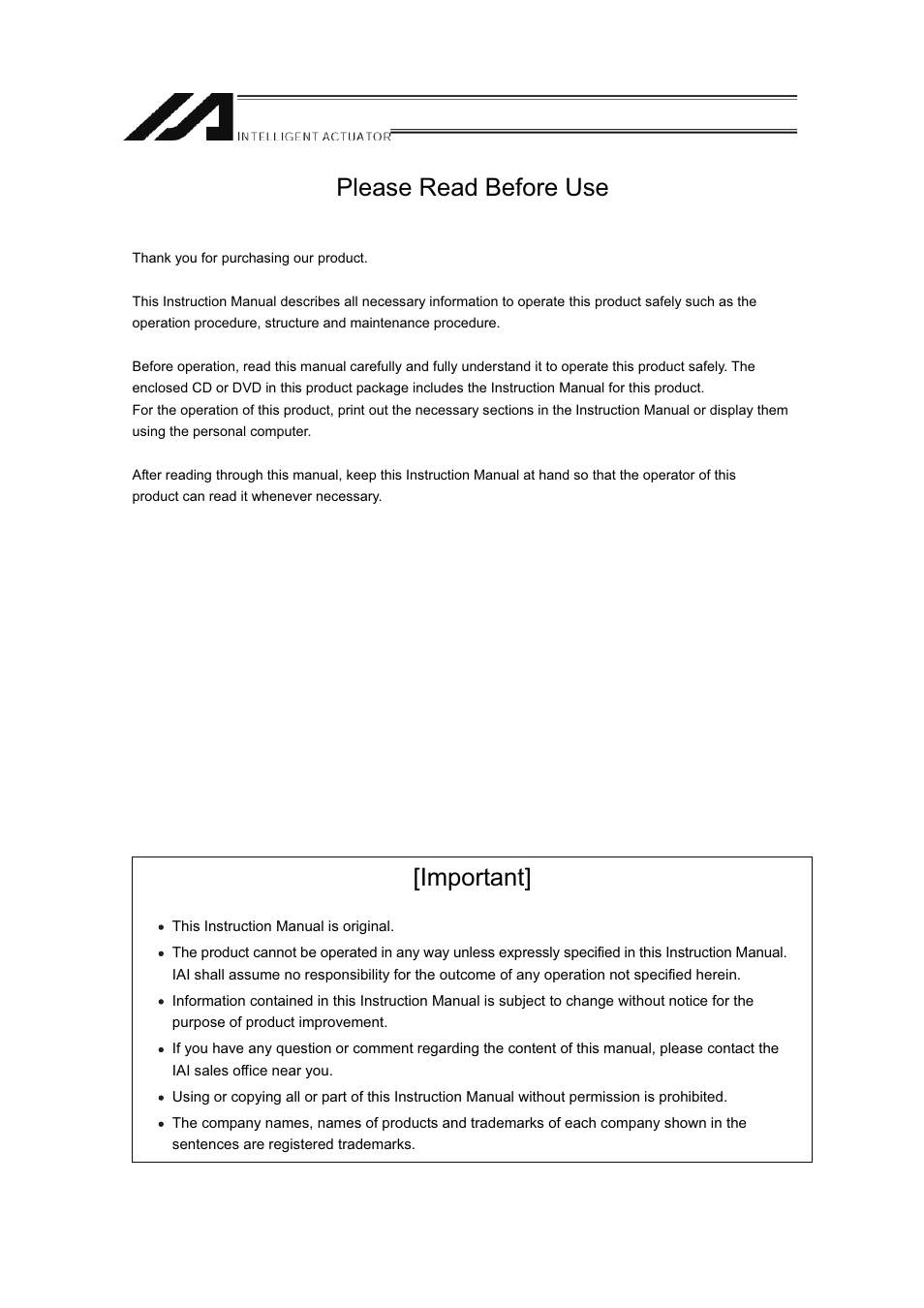 Please read before use, Important | IAI America IA-T-XD User Manual | Page 3 / 150