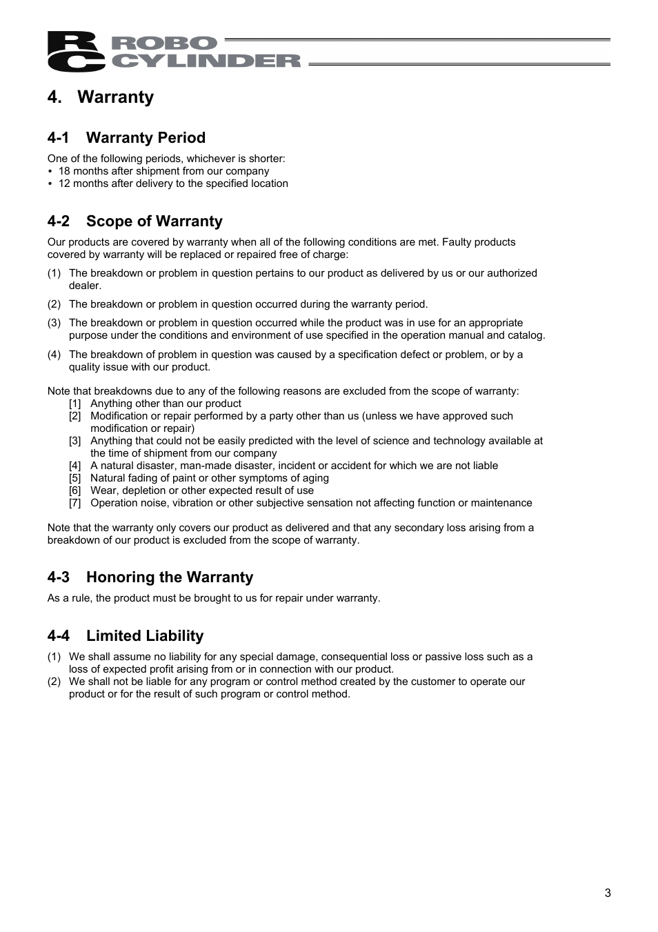 Warranty, 1 warranty period, 2 scope of warranty | 3 honoring the warranty, 4 limited liability | IAI America RCM-P User Manual | Page 11 / 68