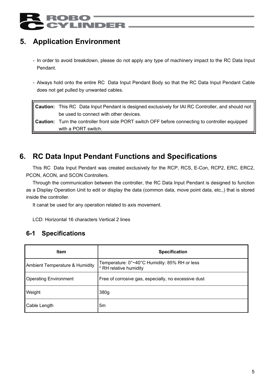 Application environment, Rc data input pendant functions and specifications, 1 specifications | IAI America RCM-P User Manual | Page 13 / 68