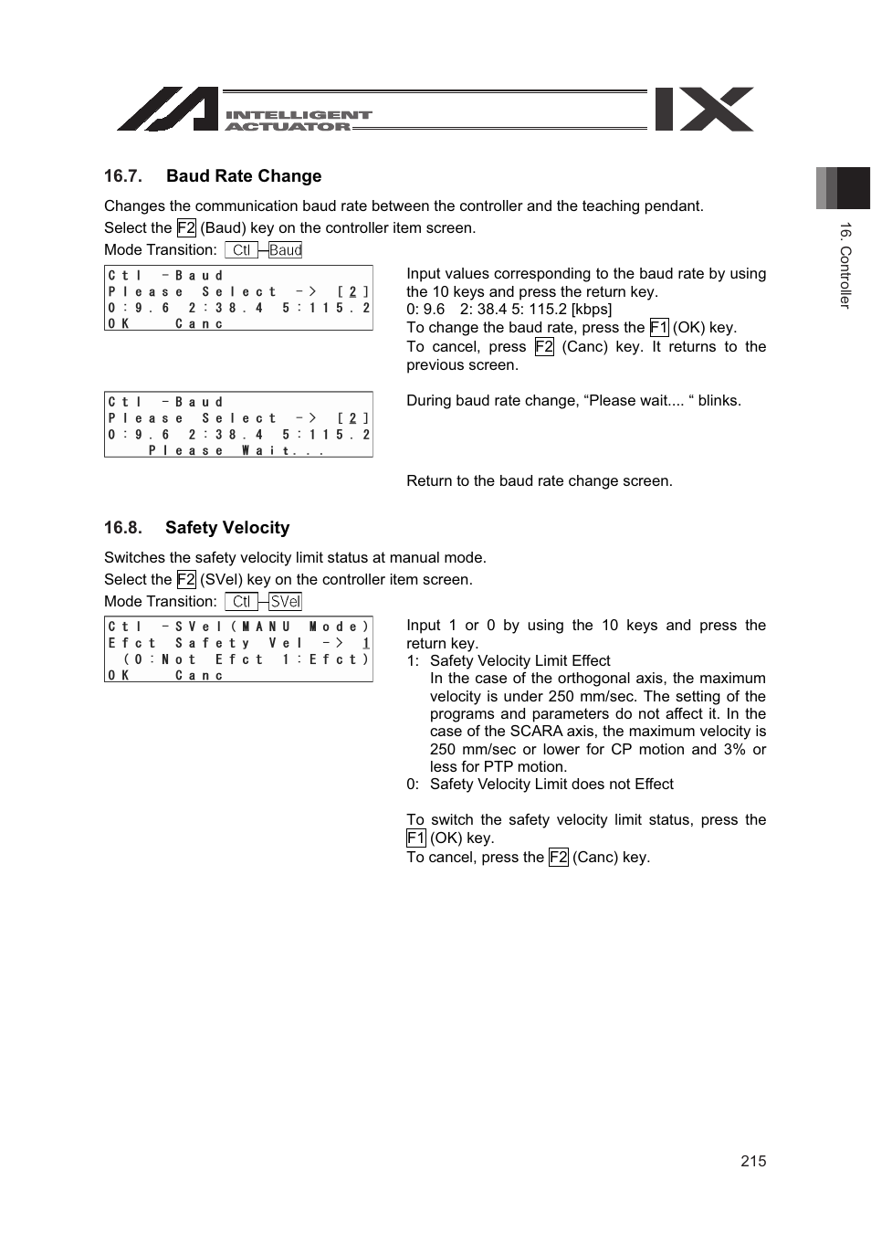 Baud rate change, Safety velocity | IAI America SEL-TG User Manual | Page 233 / 314