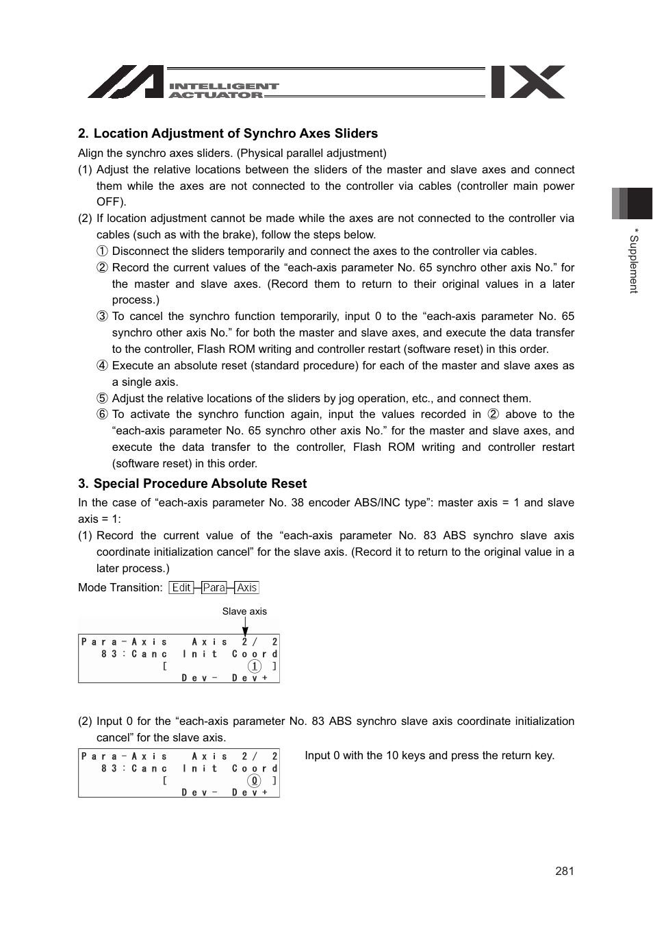 Location adjustment of synchro axes sliders, Special procedure absolute reset | IAI America SEL-TG User Manual | Page 299 / 314