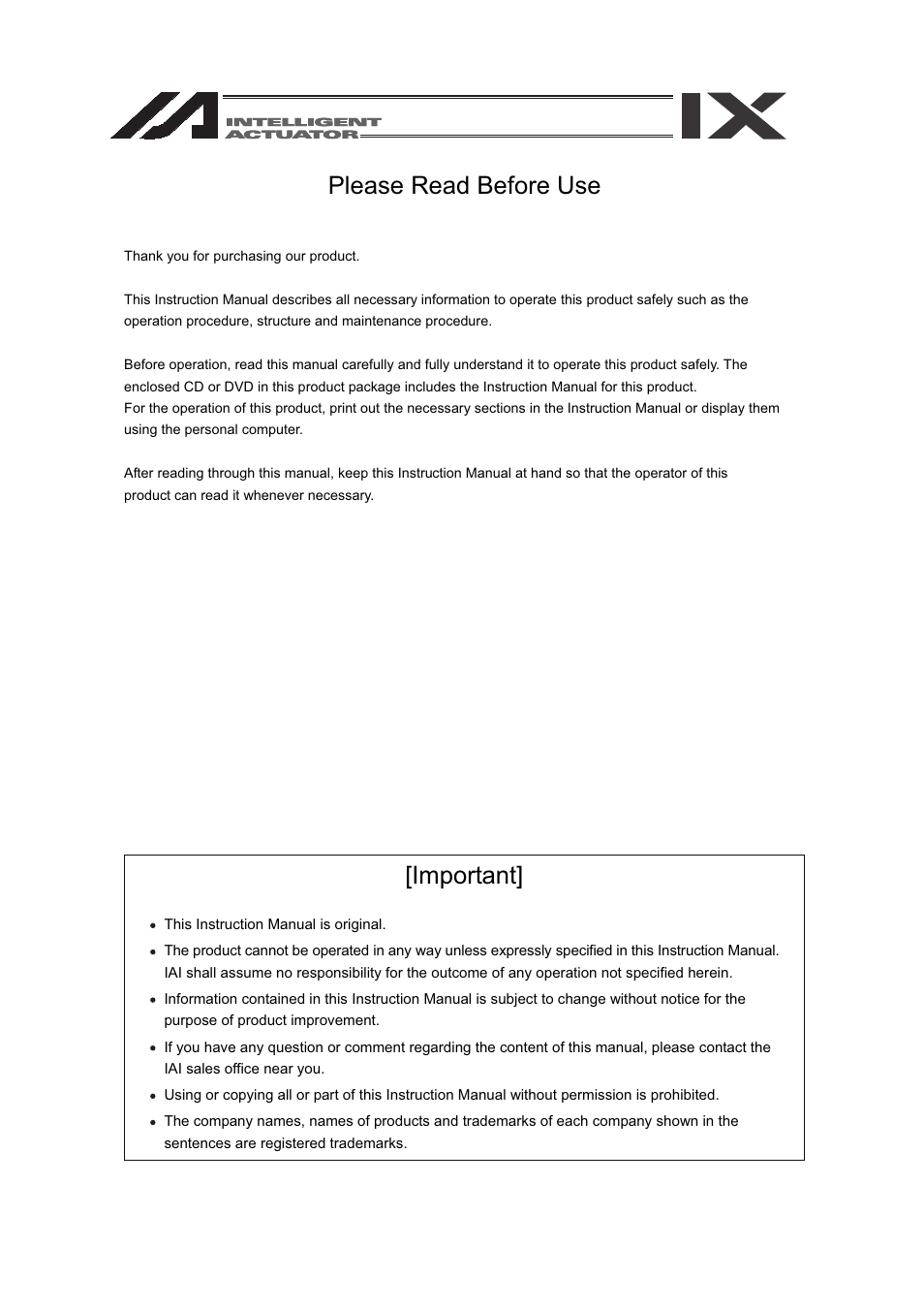 Please read before use, Important | IAI America SEL-TG User Manual | Page 3 / 314