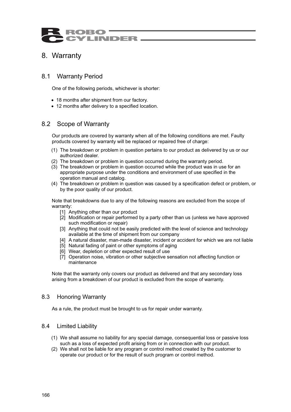 Warranty, 1 warranty period, 2 scope of warranty | 3 honoring warranty, 4 limited liability | IAI America SEP-PT User Manual | Page 172 / 176