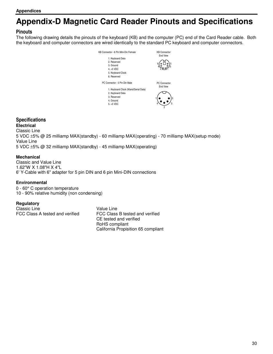 Pinouts, Specifications | ID Innovations Classic Line Series Magnetic Stripe Readers User Manual | Page 30 / 35