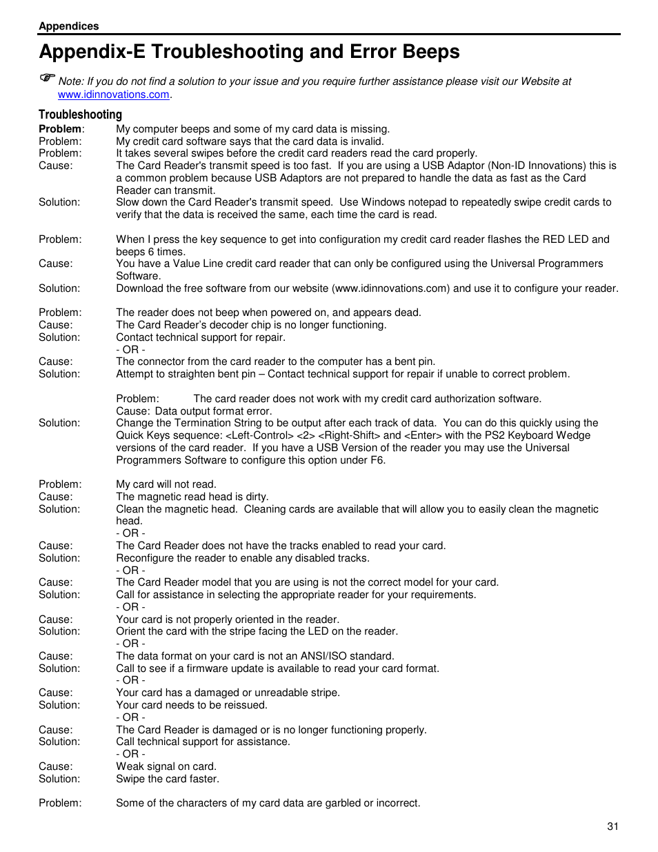 Appendix-e troubleshooting and error beeps | ID Innovations Classic Line Series Magnetic Stripe Readers User Manual | Page 31 / 35