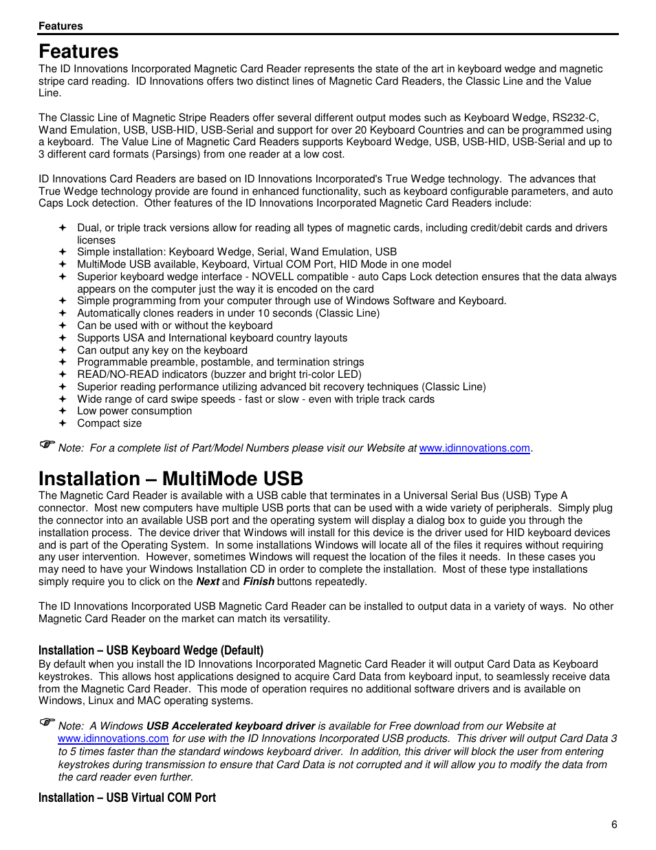 Features, Installation – multimode usb | ID Innovations Classic Line Series Magnetic Stripe Readers User Manual | Page 6 / 35