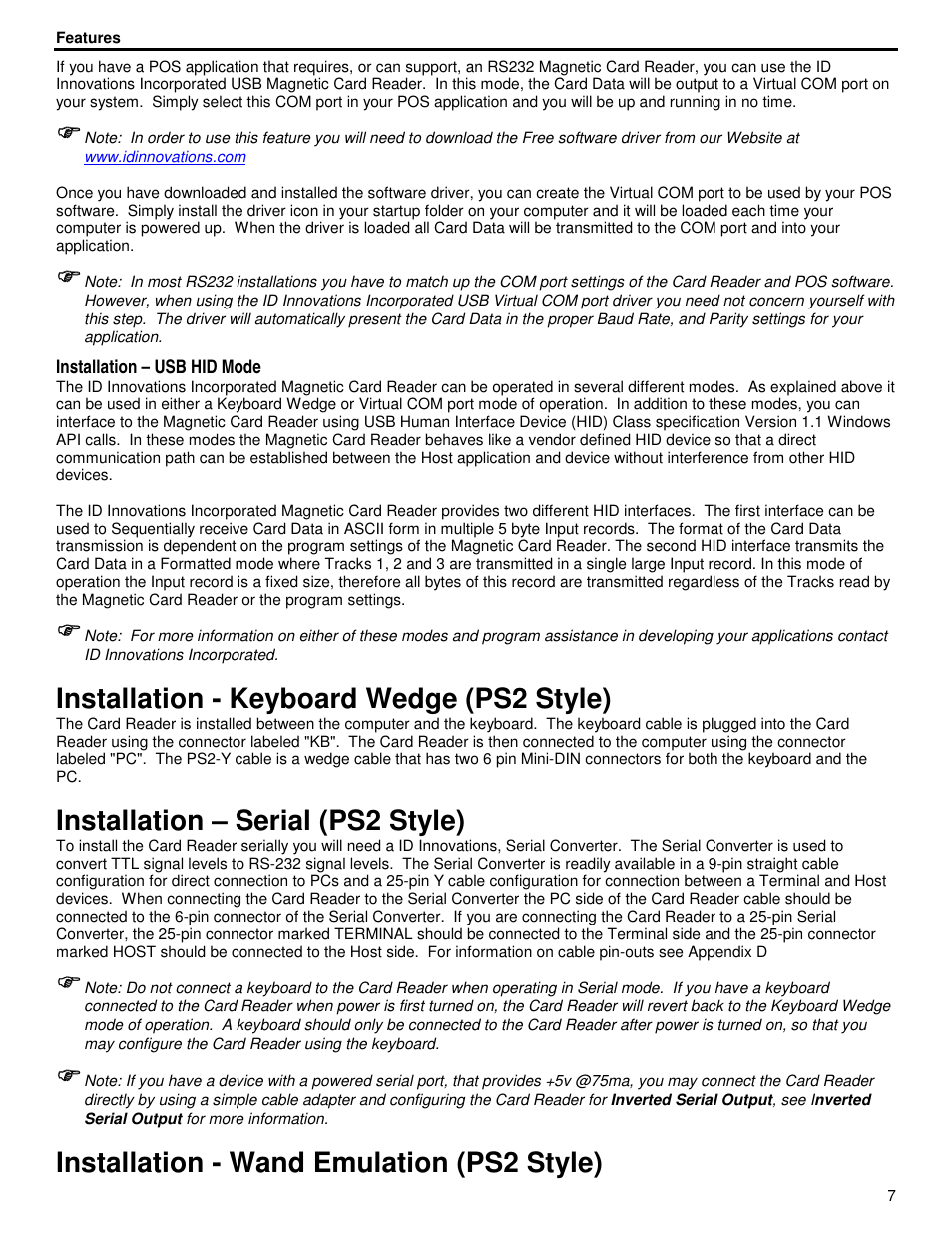 Installation - keyboard wedge (ps2 style), Installation – serial (ps2 style), Installation - wand emulation (ps2 style) | ID Innovations Classic Line Series Magnetic Stripe Readers User Manual | Page 7 / 35