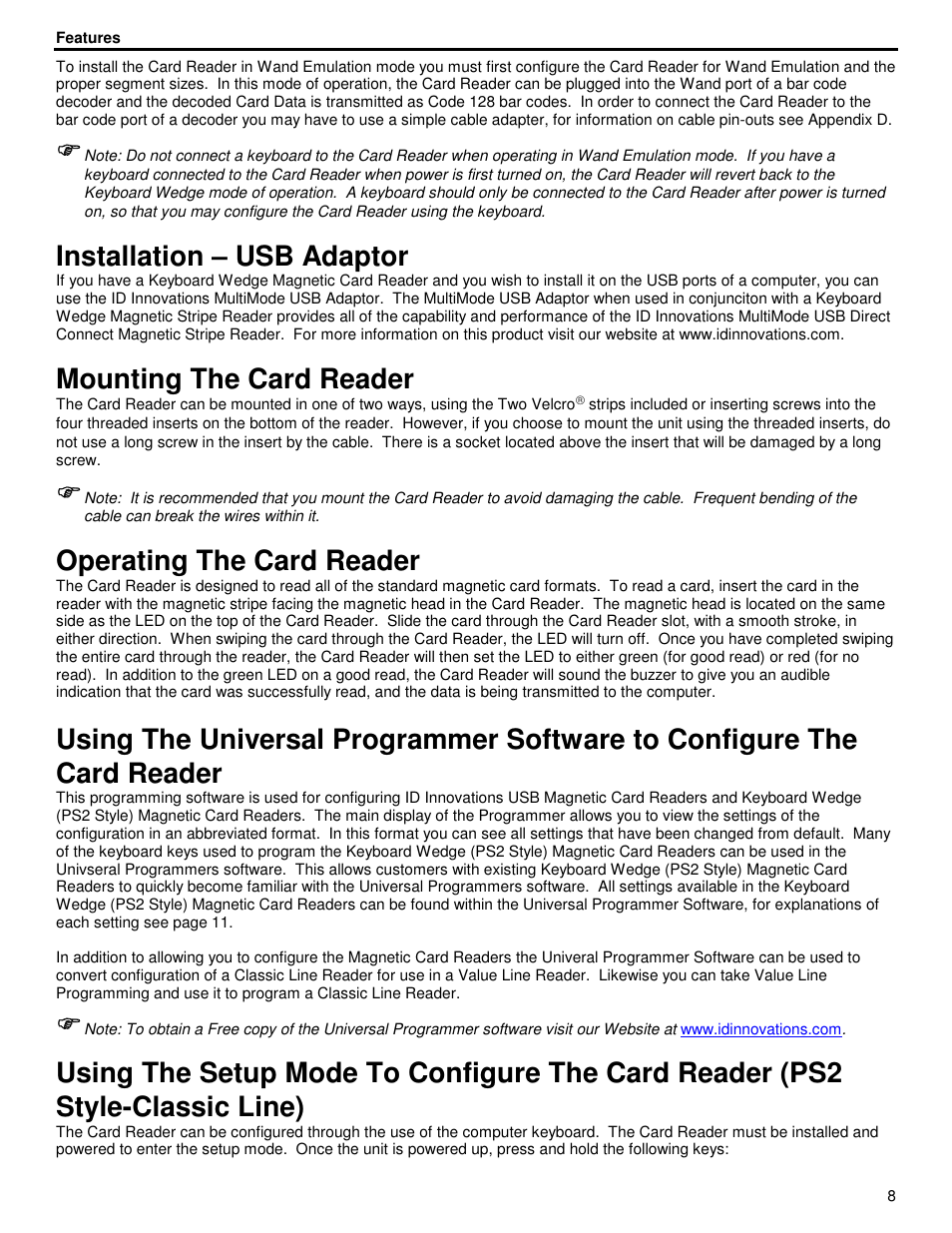Installation – usb adaptor, Mounting the card reader, Operating the card reader | ID Innovations Classic Line Series Magnetic Stripe Readers User Manual | Page 8 / 35