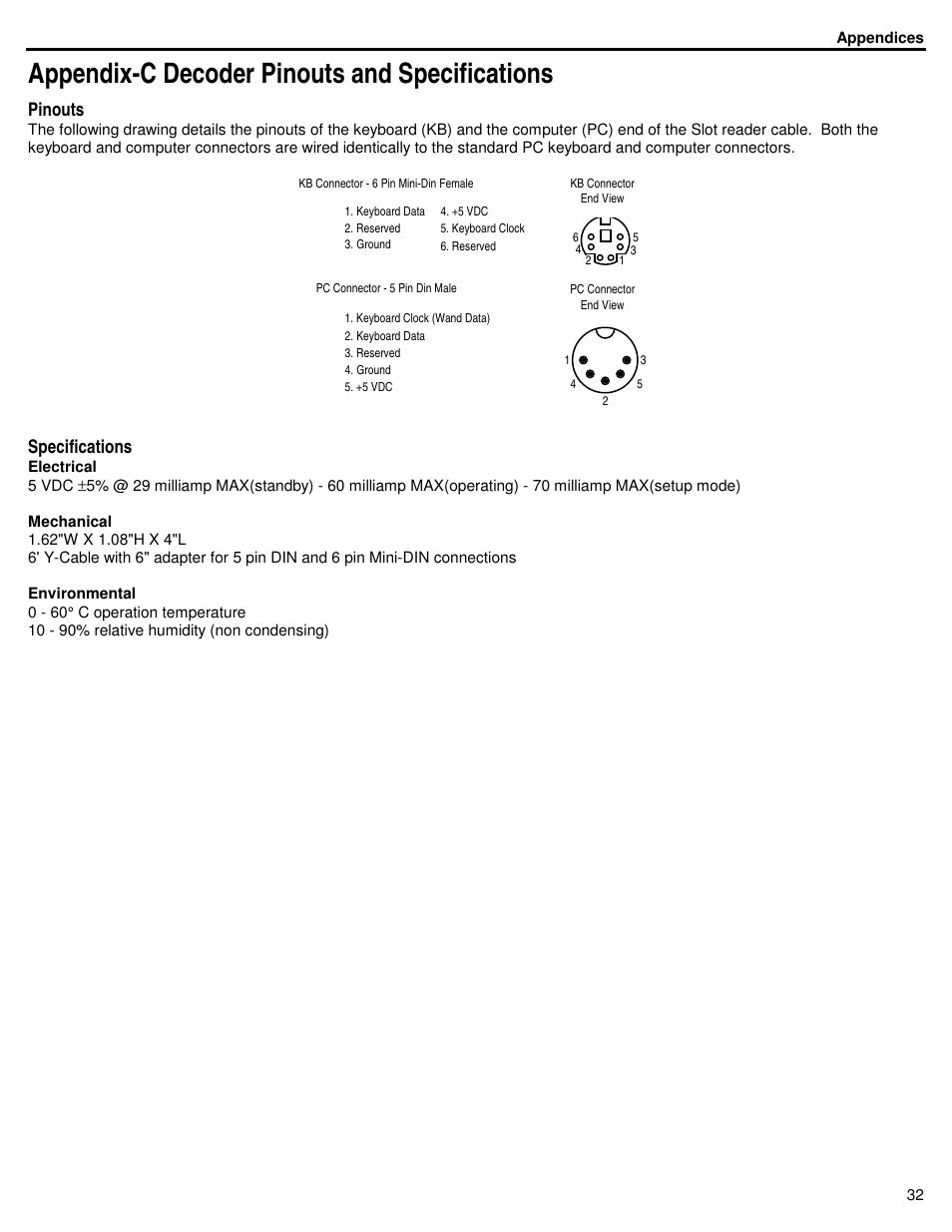 Appendix-c decoder pinouts and specifications, Pinouts, Specifications | ID Innovations Bar code Slot Reader - Visible Red and Infra Red User Manual | Page 32 / 38