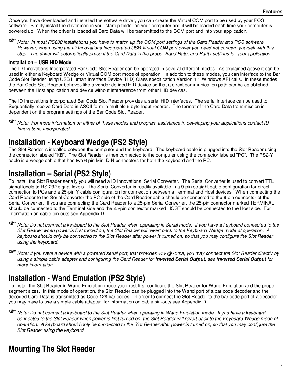 Installation - keyboard wedge (ps2 style), Installation – serial (ps2 style), Installation - wand emulation (ps2 style) | Mounting the slot reader | ID Innovations Bar code Slot Reader - Visible Red and Infra Red User Manual | Page 7 / 38