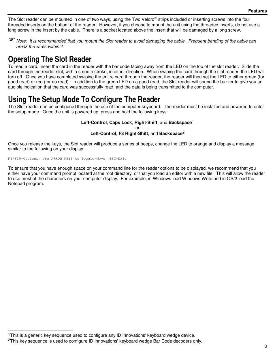 Operating the slot reader, Using the setup mode to configure the reader | ID Innovations Bar code Slot Reader - Visible Red and Infra Red User Manual | Page 8 / 38