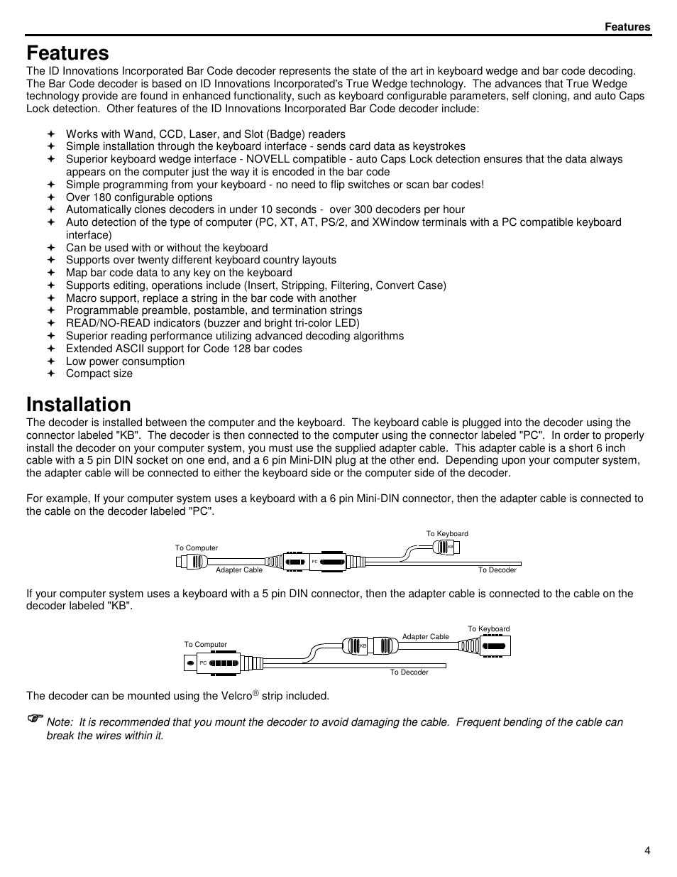 Features, Installation | ID Innovations Bar code Mini Decoder User Manual | Page 4 / 52