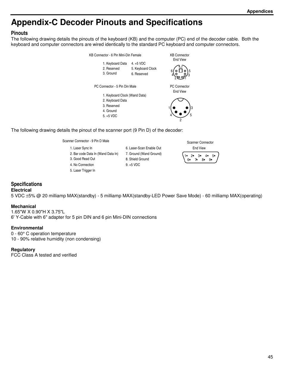 Appendix-c decoder pinouts and specifications, Pinouts, Specifications | ID Innovations Bar code Mini Decoder User Manual | Page 45 / 52