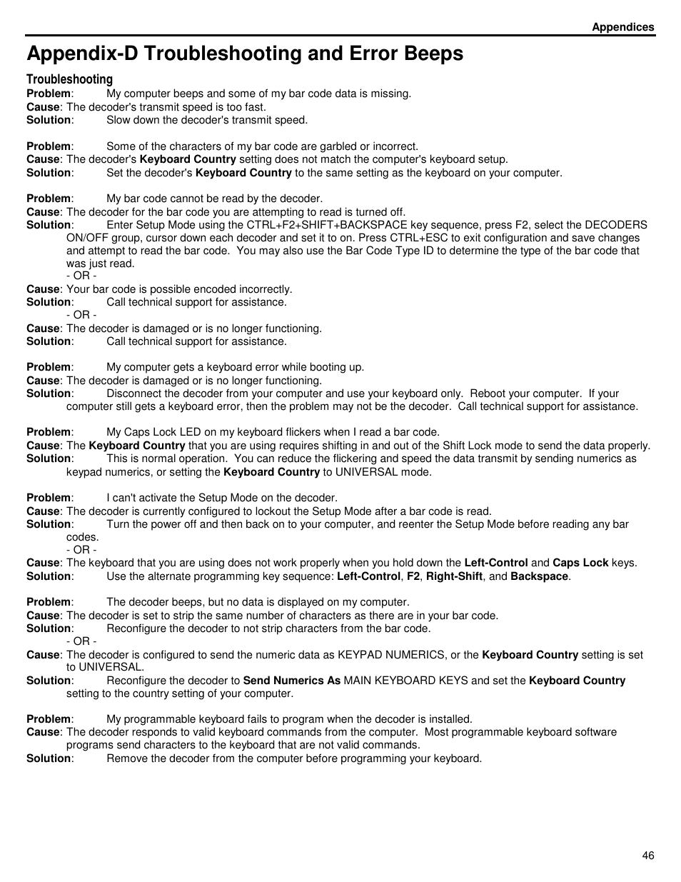 Appendix-d troubleshooting and error beeps | ID Innovations Bar code Mini Decoder User Manual | Page 46 / 52