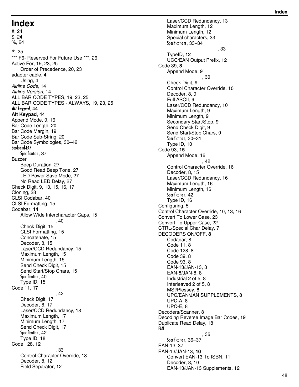Index | ID Innovations Bar code Mini Decoder User Manual | Page 48 / 52