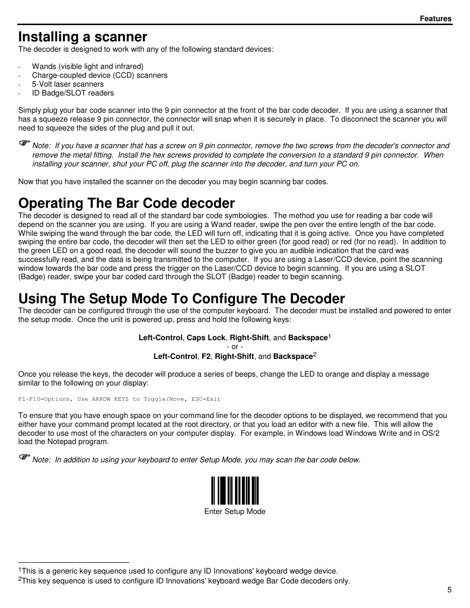 Installing a scanner, Operating the bar code decoder, Using the setup mode to configure the decoder | ID Innovations Bar code Mini Decoder User Manual | Page 5 / 52