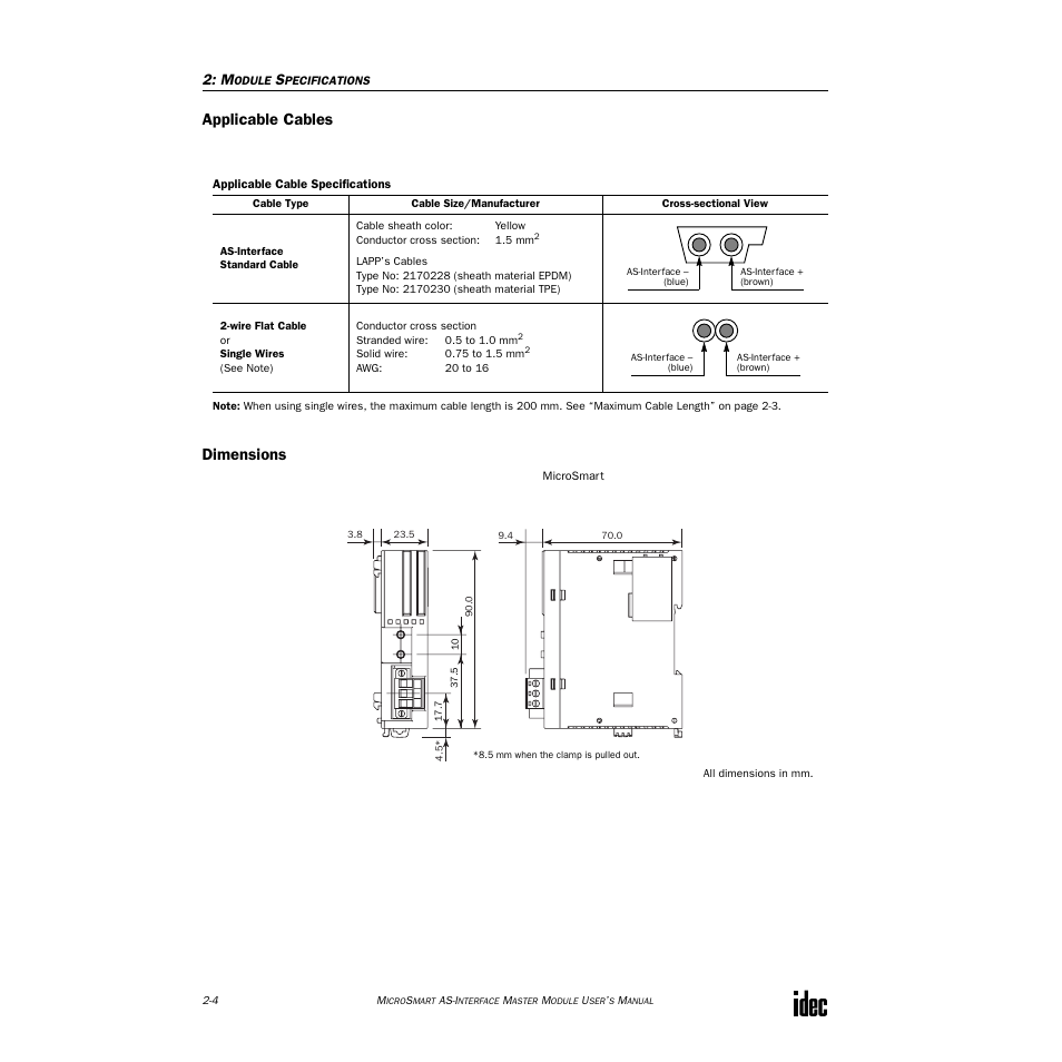Applicable cables, Dimensions | IDEC MicroSmart AS-i User Manual | Page 13 / 58