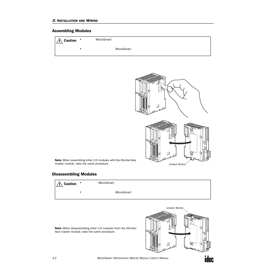 Assembling modules, Disassembling modules | IDEC MicroSmart AS-i User Manual | Page 15 / 58