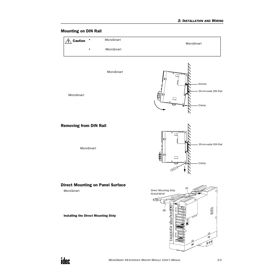 Mounting on din rail, Removing from din rail, Direct mounting on panel surface | IDEC MicroSmart AS-i User Manual | Page 16 / 58