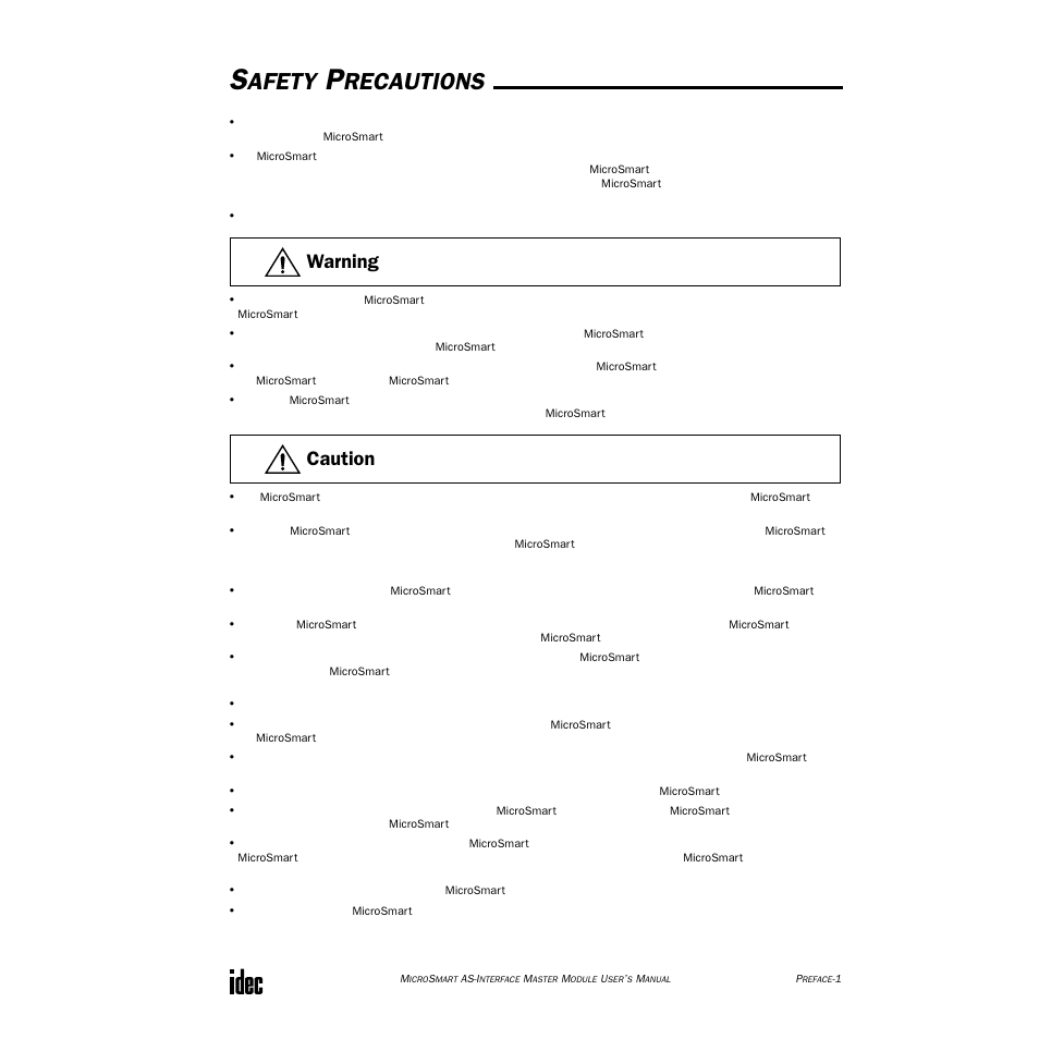 Safety precautions, Afety, Recautions | Warning, Caution | IDEC MicroSmart AS-i User Manual | Page 2 / 58