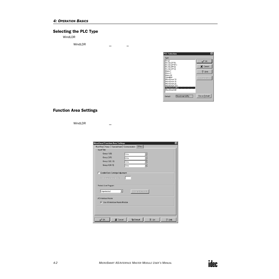 Selecting the plc type, Function area settings | IDEC MicroSmart AS-i User Manual | Page 21 / 58