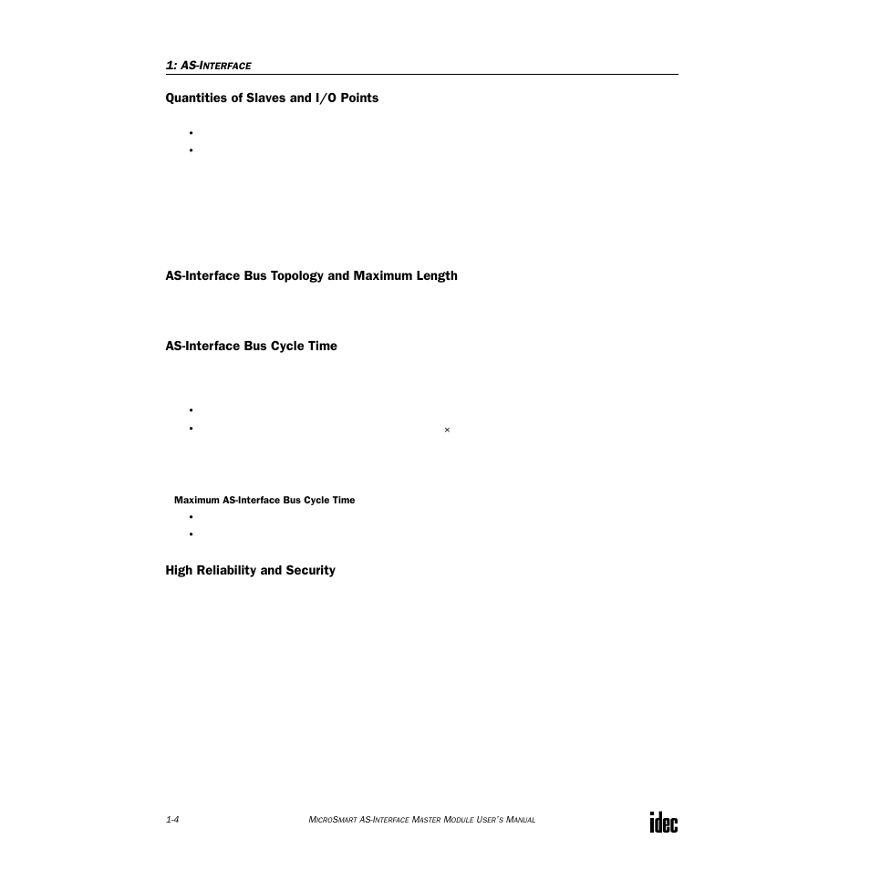 Quantities of slaves and i/o points, As-interface bus topology and maximum length, As-interface bus cycle time | High reliability and security | IDEC MicroSmart AS-i User Manual | Page 9 / 58