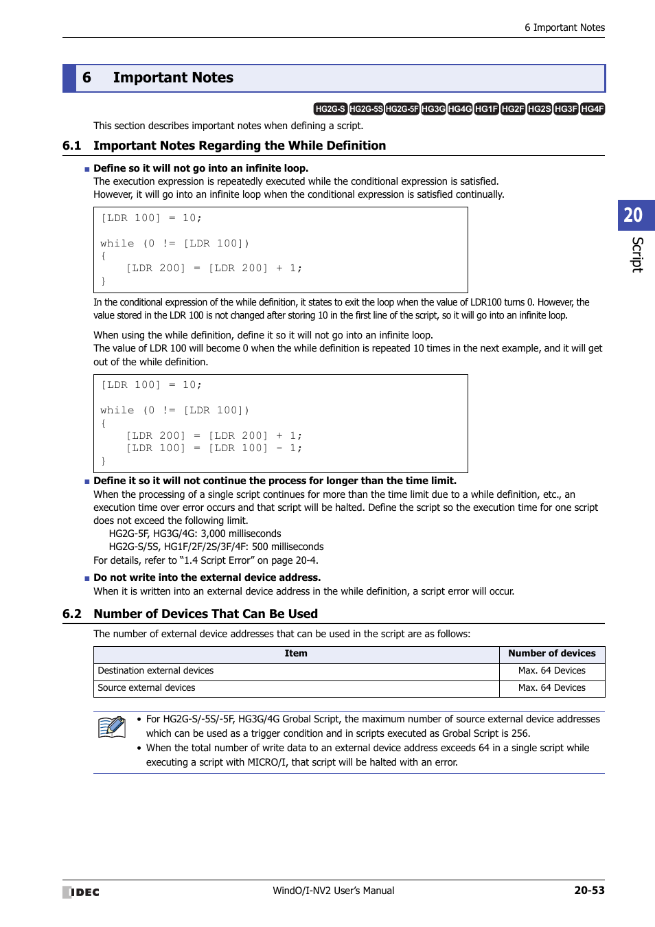 6 important notes, 1 important notes regarding the while definition, 2 number of devices that can be used | Important notes -53, Important notes regarding the while definition -53, Number of devices that can be used -53, Script | IDEC High Performance Series User Manual | Page 1017 / 1448