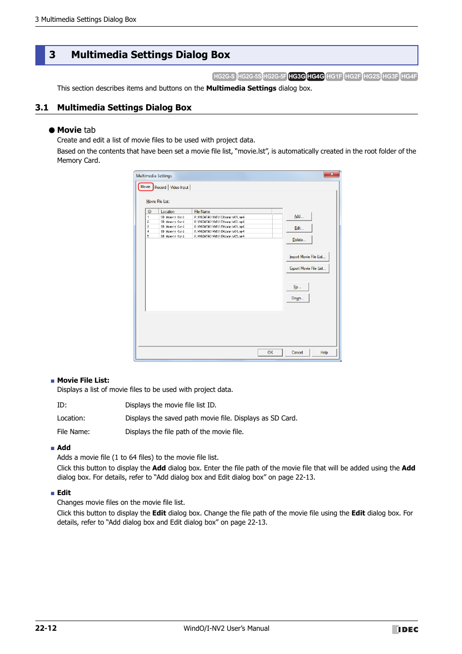 3 multimedia settings dialog box, 1 multimedia settings dialog box, Movie tab | Multimedia settings dialog box -12, 3multimedia settings dialog box | IDEC High Performance Series User Manual | Page 1044 / 1448
