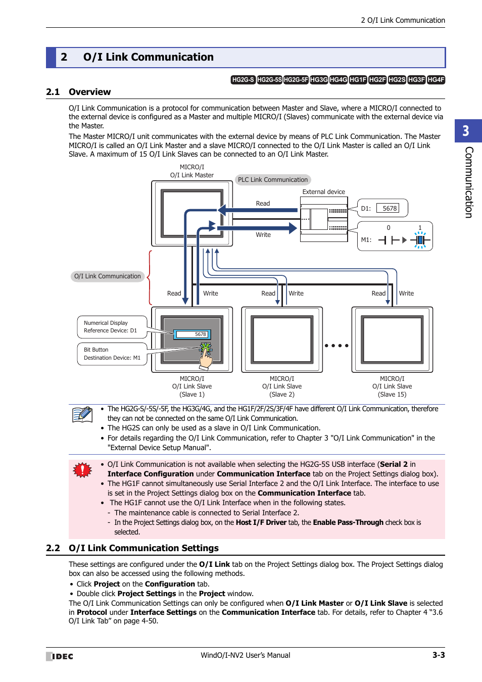 2 o/i link communication, 1 overview, 2 o/i link communication settings | O/i link communication -3, Overview -3, O/i link communication settings -3, Communic ation, 2o/i link communication | IDEC High Performance Series User Manual | Page 105 / 1448