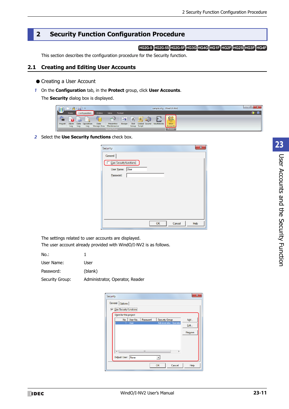 2 security function configuration procedure, 1 creating and editing user accounts, Creating a user account | Security function configuration procedure -11, Creating and editing user accounts -11, Use r ac counts and the sec urit y function, 2security function configuration procedure | IDEC High Performance Series User Manual | Page 1061 / 1448