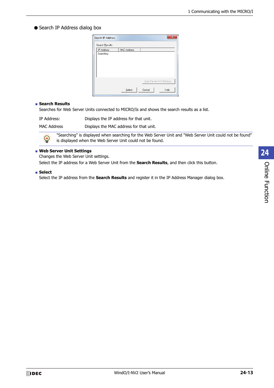 Search ip address dialog box, Online f unction | IDEC High Performance Series User Manual | Page 1105 / 1448