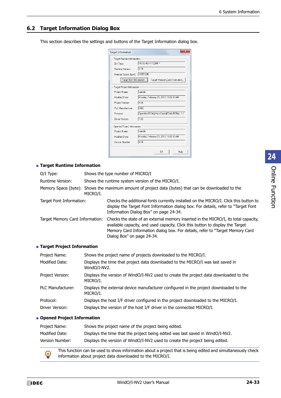 2 target information dialog box, Target information dialog box -33, Online f unction | IDEC High Performance Series User Manual | Page 1125 / 1448
