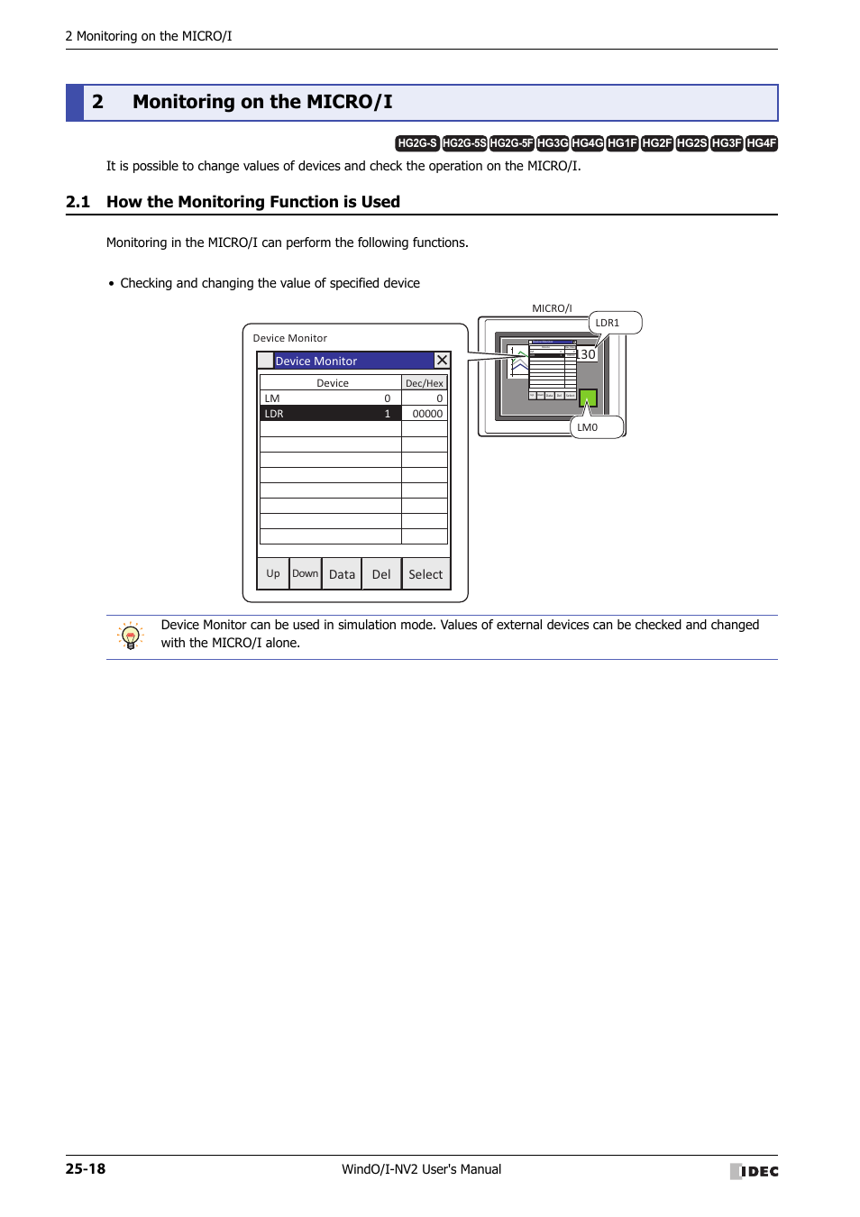 2 monitoring on the micro/i, 1 how the monitoring function is used, Monitoring on the micro/i -18 | How the monitoring function is used -18, 2monitoring on the micro/i, Data del select, Windo/i-nv2 user's manual, Device monitor | IDEC High Performance Series User Manual | Page 1144 / 1448