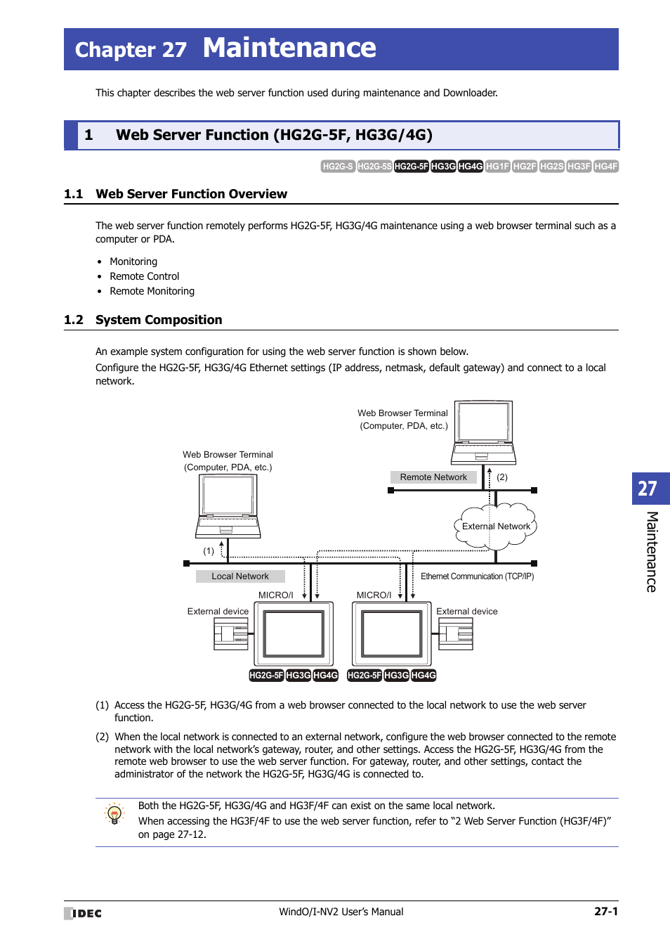 Chapter 27 maintenance, 1 web server function (hg2g-5f, hg3g/4g), 1 web server function overview | 2 system composition, Web server function (hg2g-5f, hg3g/4g) -1, Web server function overview -1, System composition -1, Chapter 27, Maintenance | IDEC High Performance Series User Manual | Page 1159 / 1448