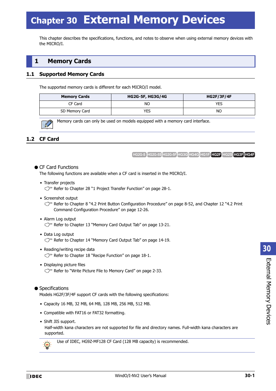 Chapter 30 external memory devices, 1 memory cards, 1 supported memory cards | 2 cf card, Cf card functions, Specifications, Memory cards -1, Supported memory cards -1, Cf card -1, Chapter 30 | IDEC High Performance Series User Manual | Page 1245 / 1448