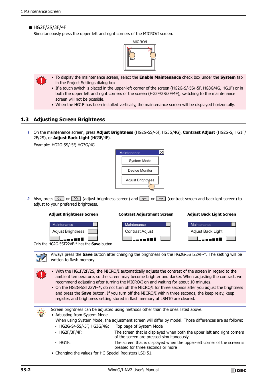 Hg2f/2s/3f/4f, 3 adjusting screen brightness, Adjusting screen brightness -2 | IDEC High Performance Series User Manual | Page 1302 / 1448