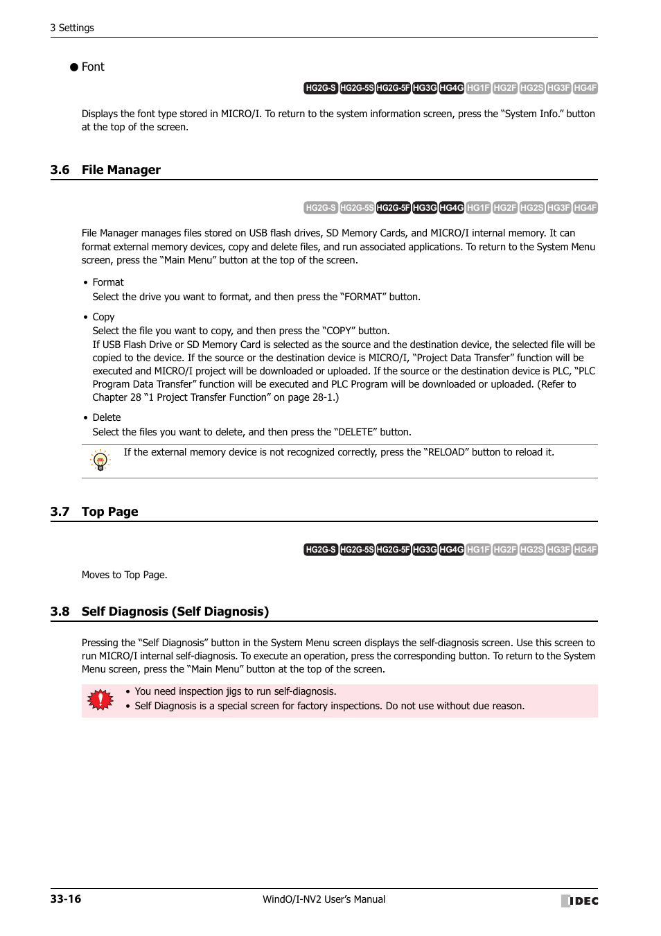Font, 6 file manager, 8 self diagnosis (self diagnosis) | File manager -16, Self diagnosis (self diagnosis) -16, 7 top page | IDEC High Performance Series User Manual | Page 1316 / 1448