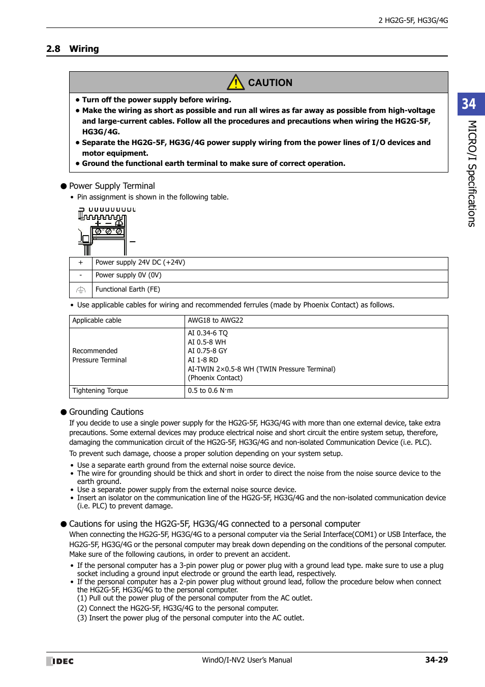 8 wiring, Power supply terminal, Grounding cautions | Wiring -29, Micro/ i specif ication s, Caution | IDEC High Performance Series User Manual | Page 1345 / 1448