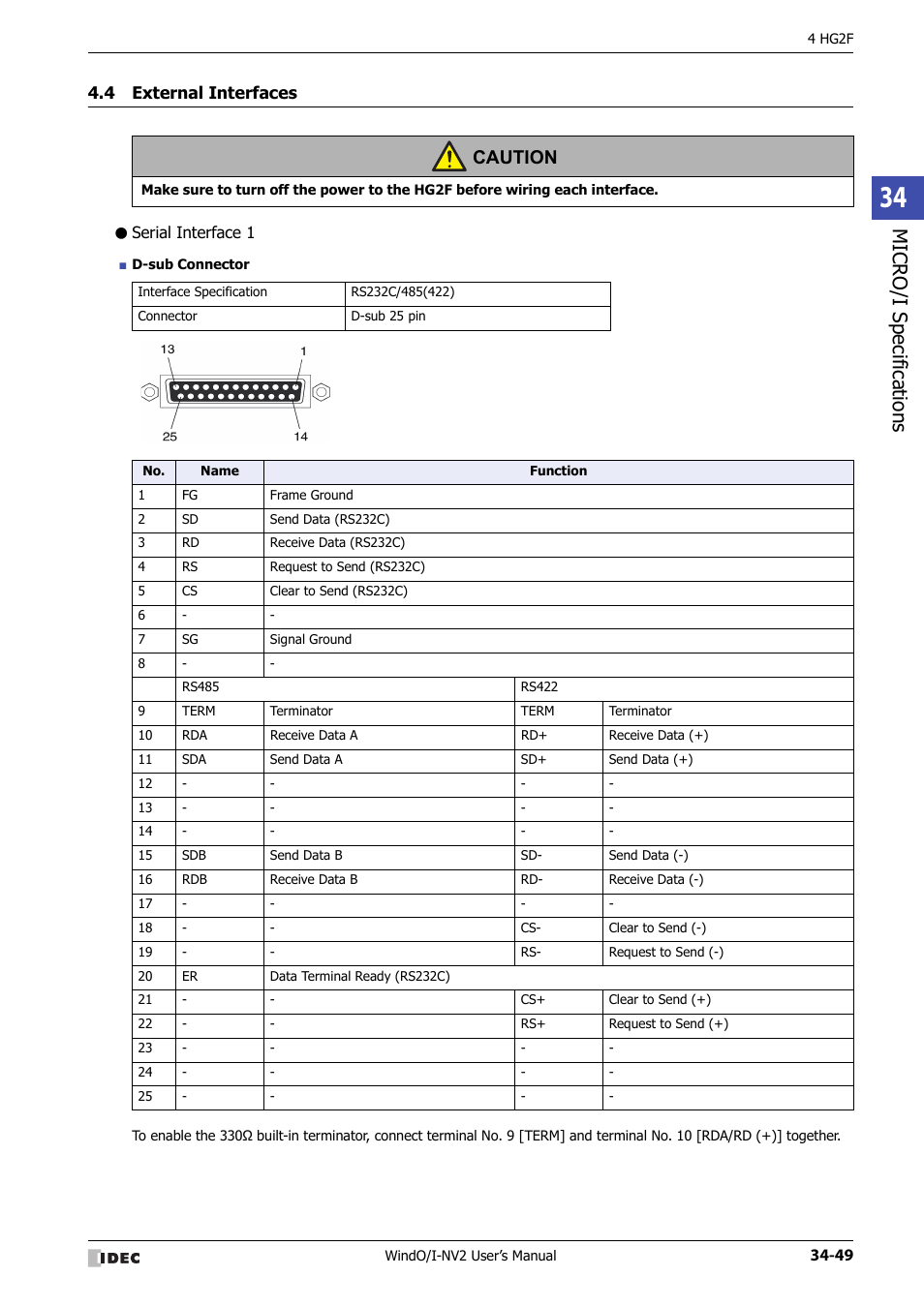 4 external interfaces, Serial interface 1, External interfaces -49 | Micro/ i specif ication s, Caution | IDEC High Performance Series User Manual | Page 1365 / 1448