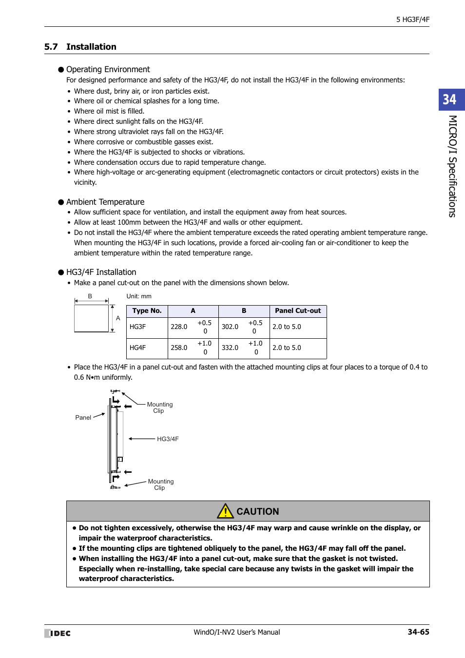 7 installation, Operating environment, Ambient temperature | Hg3/4f installation, Installation -65, Micro/ i specif ication s, Caution | IDEC High Performance Series User Manual | Page 1381 / 1448