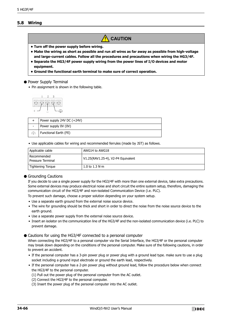 8 wiring, Power supply terminal, Grounding cautions | Wiring -66, Caution | IDEC High Performance Series User Manual | Page 1382 / 1448