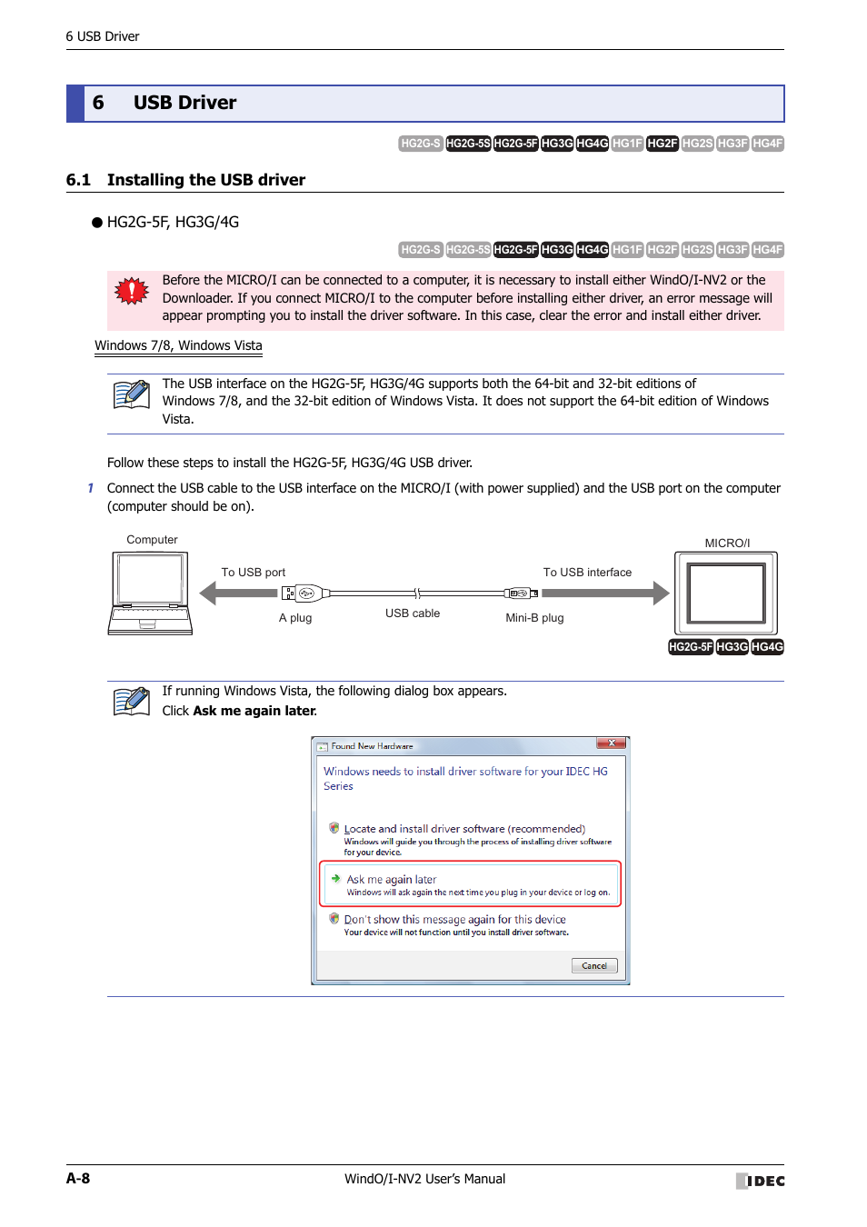 6 usb driver, 1 installing the usb driver, Hg2g-5f, hg3g/4g | 6usb driver | IDEC High Performance Series User Manual | Page 1420 / 1448