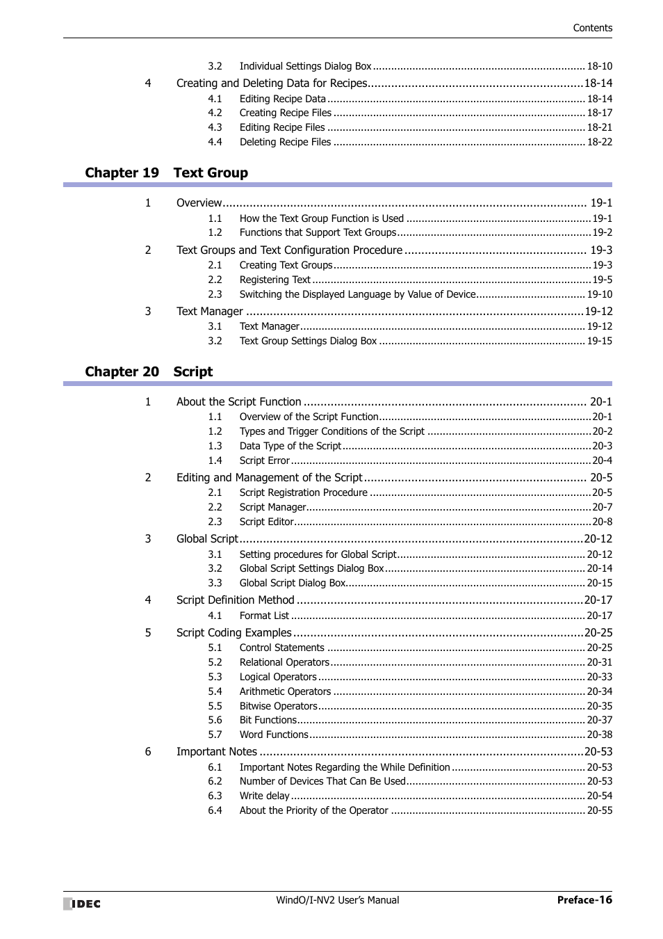 Chapter 19 text group, Chapter 20 script | IDEC High Performance Series User Manual | Page 17 / 1448