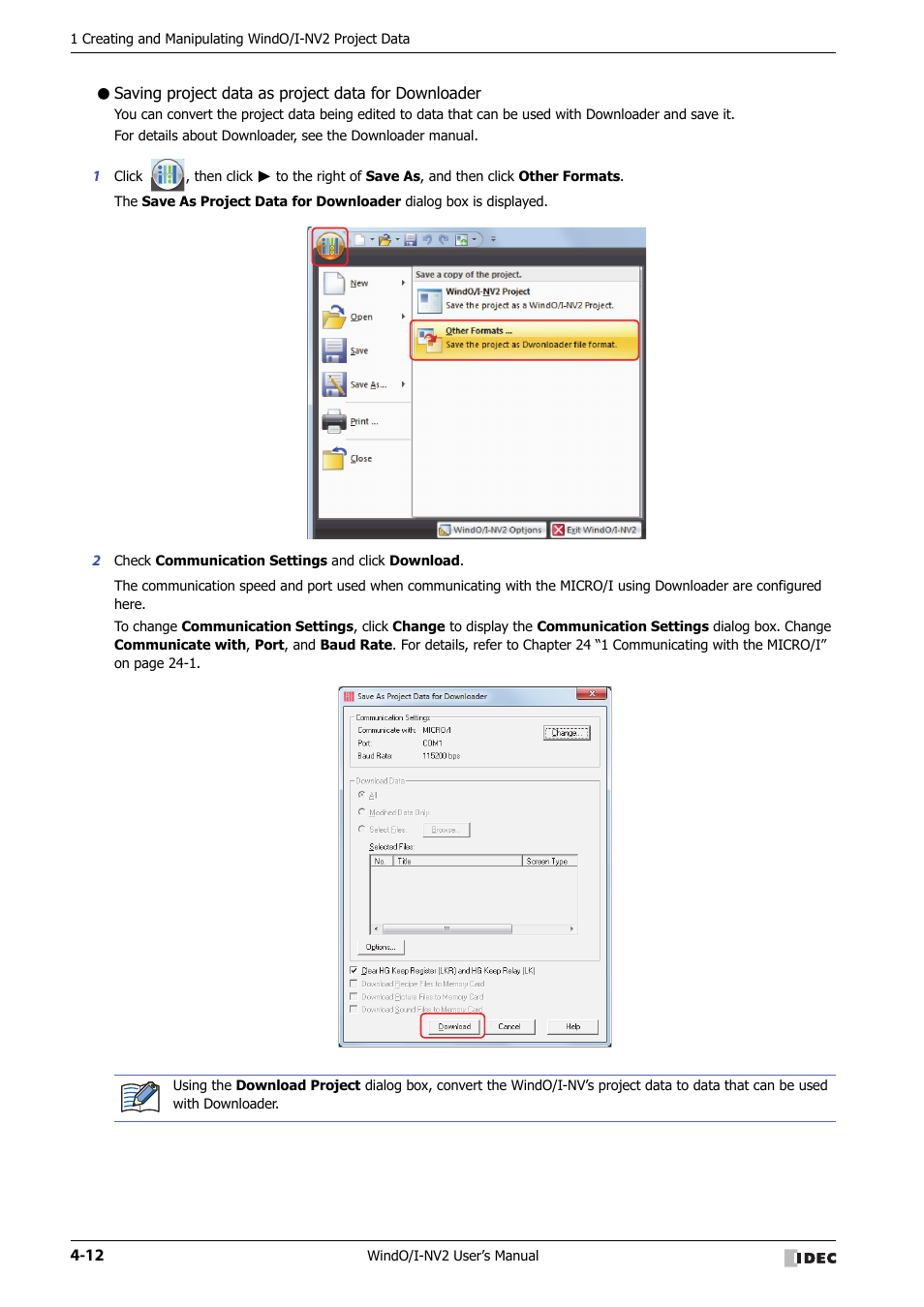 Saving project data as project data for downloader | IDEC High Performance Series User Manual | Page 198 / 1448