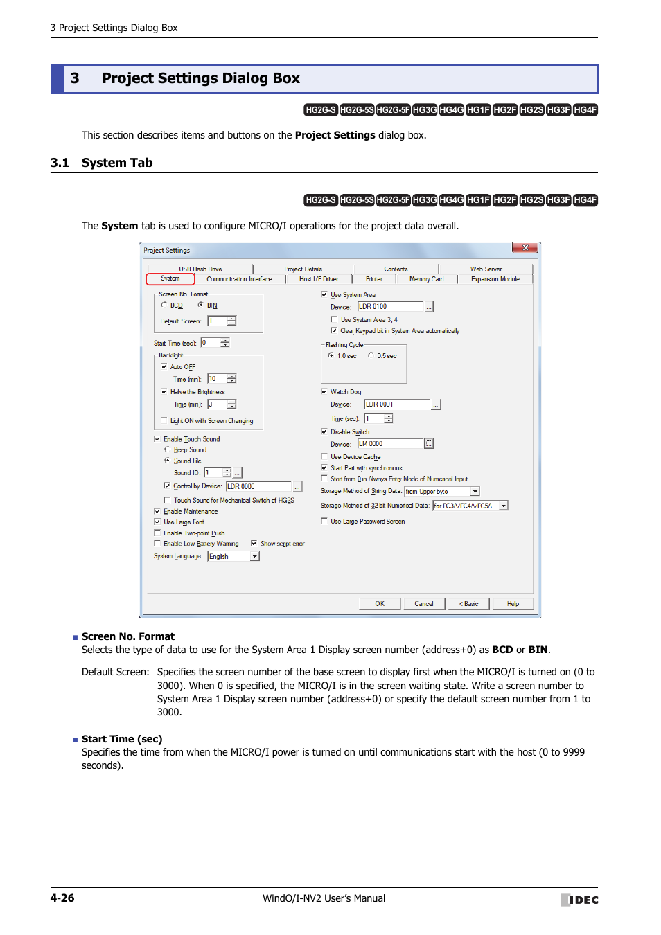 3 project settings dialog box, 1 system tab, Project settings dialog box -26 | System tab -26, 3project settings dialog box | IDEC High Performance Series User Manual | Page 212 / 1448