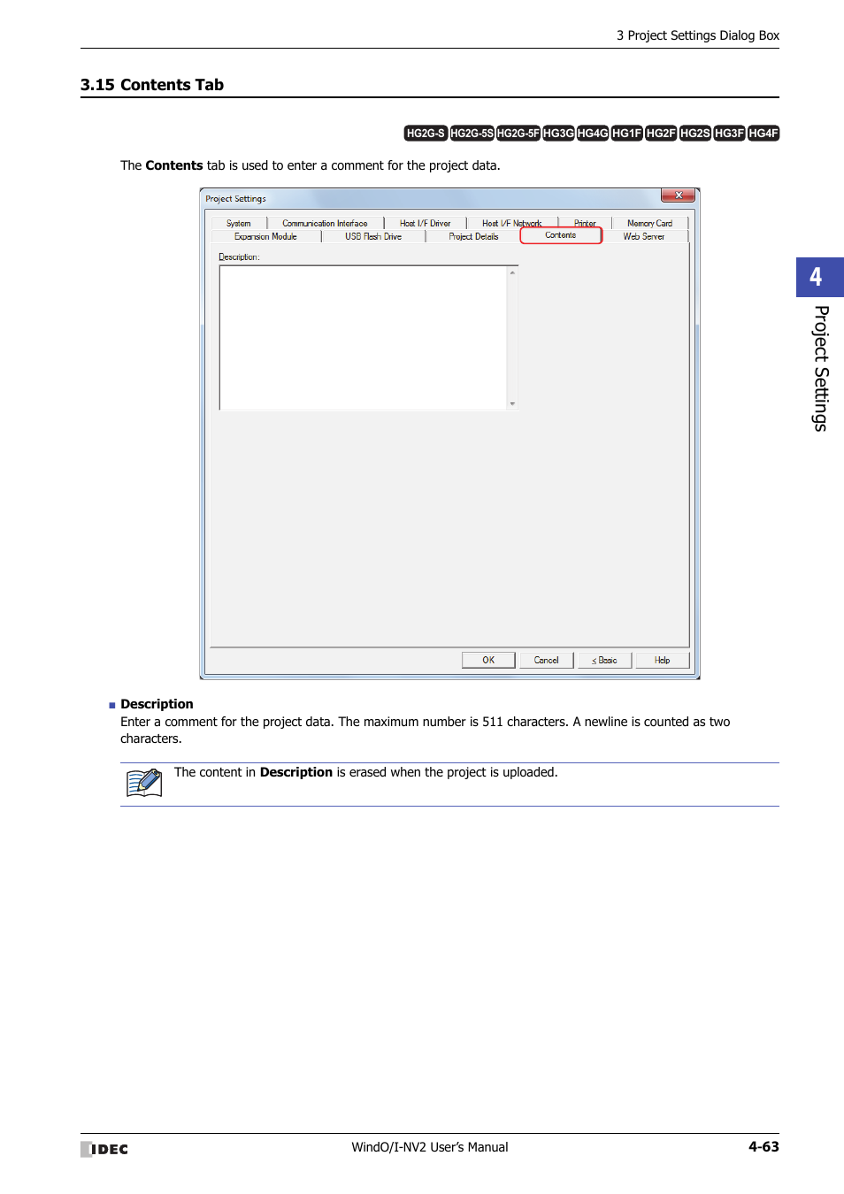 15 contents tab, Contents tab -63, Project set tings | IDEC High Performance Series User Manual | Page 249 / 1448