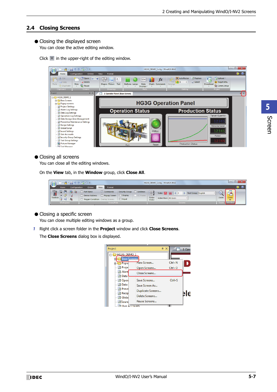 4 closing screens, Closing the displayed screen, Closing all screens | Closing a specific screen, Closing screens -7, Scr ee n | IDEC High Performance Series User Manual | Page 259 / 1448