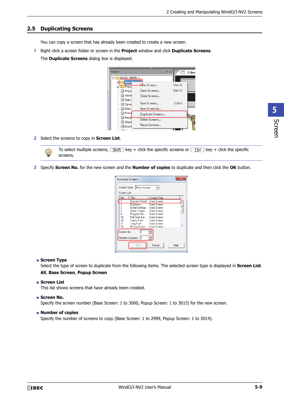 5 duplicating screens, Duplicating screens -9, Scr ee n | IDEC High Performance Series User Manual | Page 261 / 1448