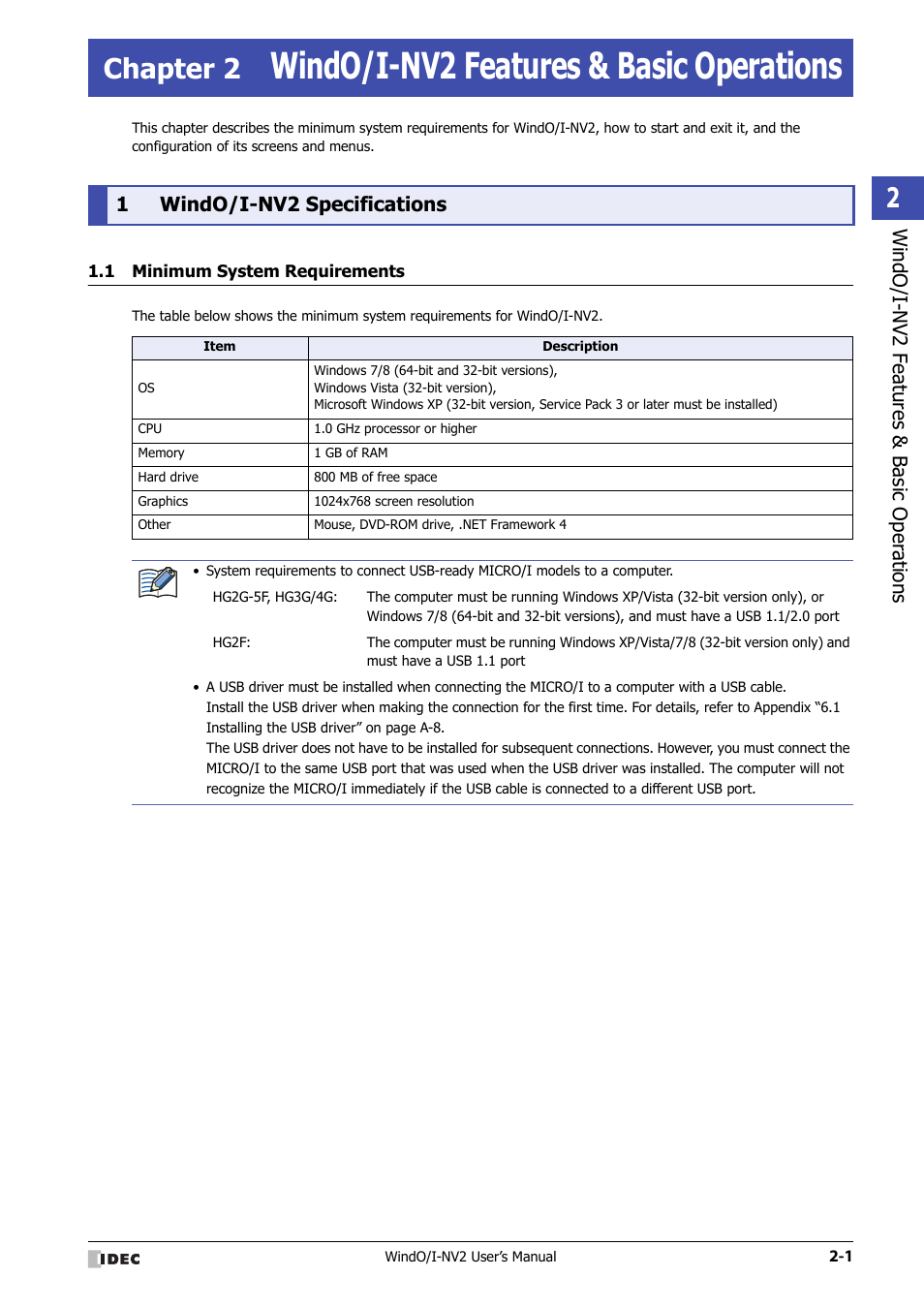 Chapter 2 windo/i-nv2 features & basic operations, 1 windo/i-nv2 specifications, 1 minimum system requirements | Chapter 2, Windo/i-nv2 features & basic operations, Windo/i-nv2 specifications -1, Minimum system requirements -1, Windo/i -nv2 f eatures & b asic oper ations, 1windo/i-nv2 specifications | IDEC High Performance Series User Manual | Page 31 / 1448